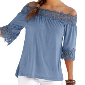 LASCANA Small Loose Fitting Women’s Dusty Blue Off the Shoulder Top Shirt